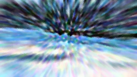 Abstrakte Komposition aus blauen, türkisen und violetten Streifen, die von einem Zentrum in der Bildmitte nach außen strahlen, mit dunklem Bereich oben und hellem Verlauf unten.