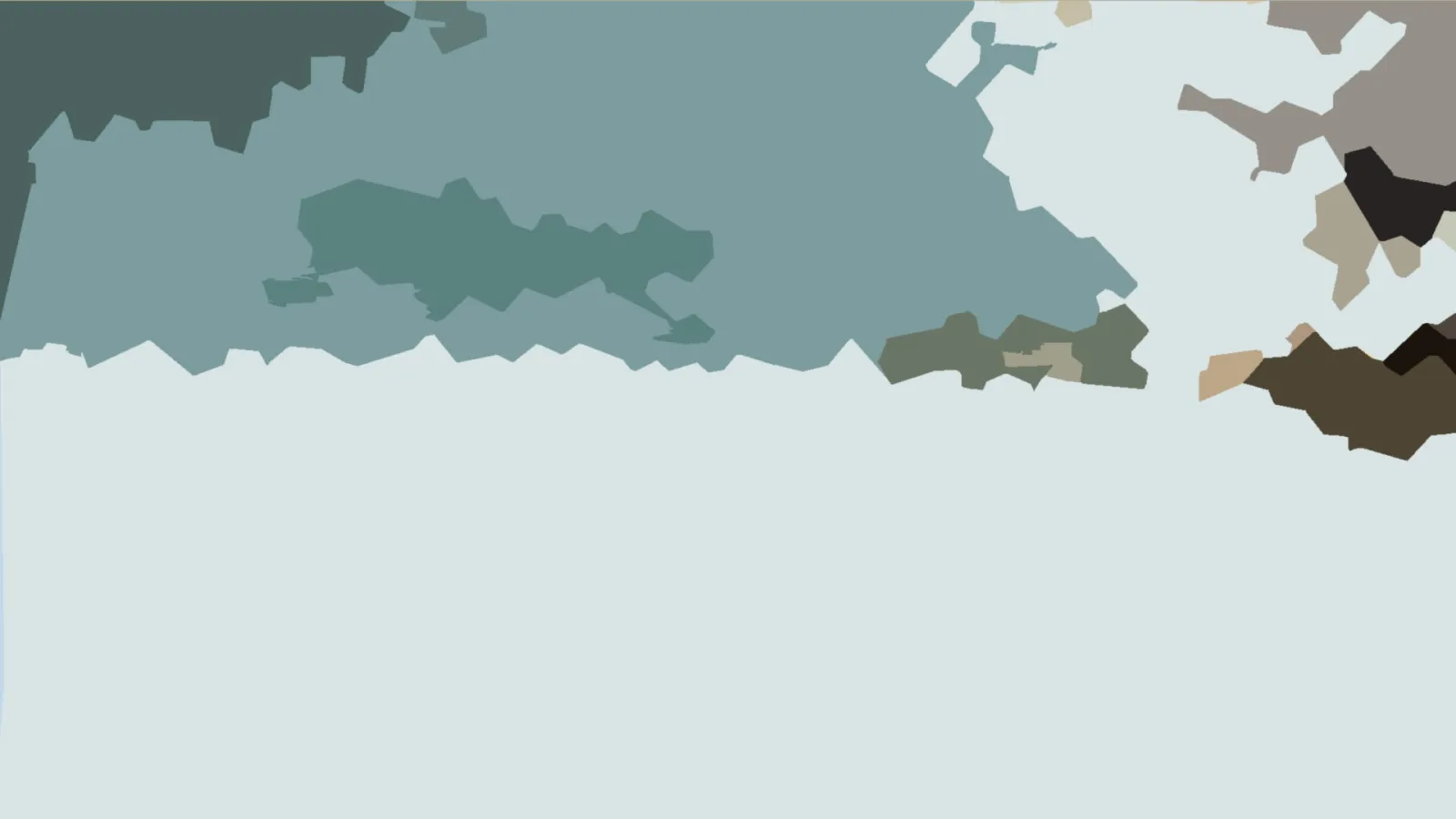 Abstrakte Komposition aus flächigen Formen in Blaugrau, Beige und Dunkelbraun auf hellem Grund