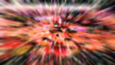 Abstrakte Komposition aus radial angeordneten Farbstreifen in Rot, Orange, Rosa und Grün mit dunklen Flecken im Zentrum.