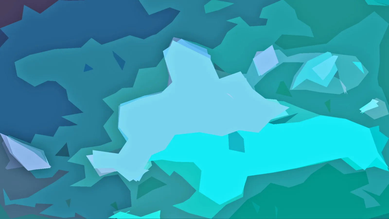Abstrakte Komposition aus flachen, kantigen Formen in Türkis, Cyan und Hellblau vor dunkelblauem Hintergrund.