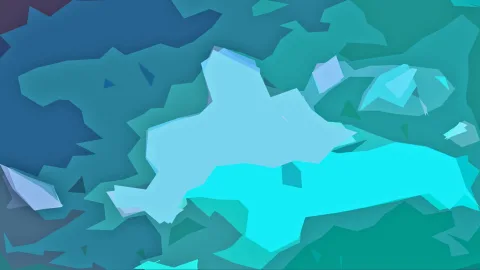 Abstrakte Komposition aus flachen, kantigen Formen in Türkis, Cyan und Hellblau vor dunkelblauem Hintergrund.