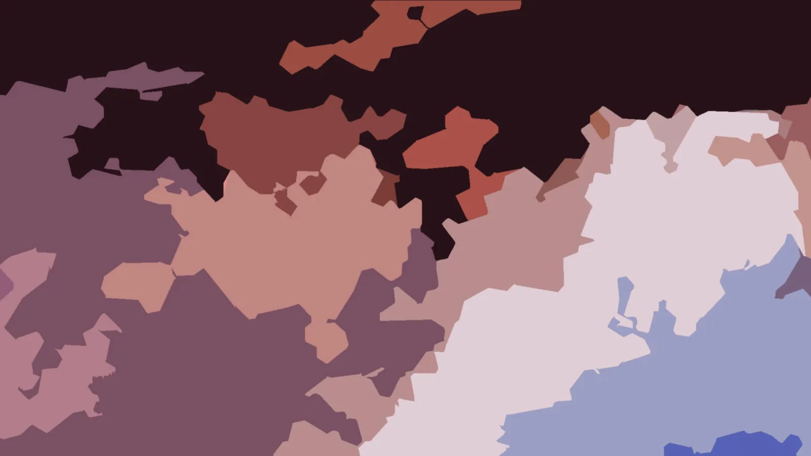 Abstrakte Komposition aus organischen Farbflächen in Mauve, Rosé, Weiß und Blau vor fast schwarzem Grund