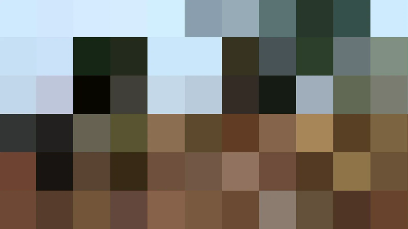 Grobes Pixelmosaik aus hellblauen Feldern oben, dunklen Grün- und Grautönen in der Mitte und Braun-Tönen im unteren Bereich.