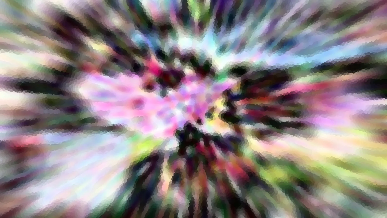 Abstraktes Bild mit radialer Bewegungsunschärfe in Pink, Grün und Schwarz, mosaikartig gepixelt.