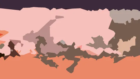 Abstraktes Bild mit flachen, unregelmäßigen Formen in Rosa, Braun und Terrakotta, oben ein dunkelvioletter Streifen.