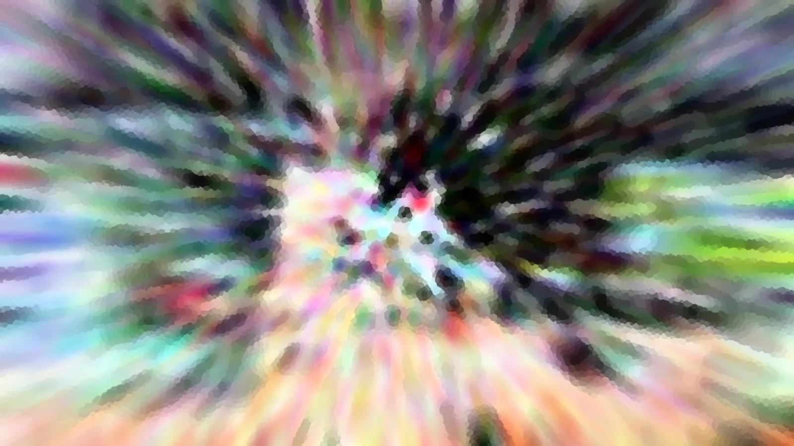 Abstrakte Komposition mit bunten, radial von einem dunklen Zentrum ausstrahlenden Schlieren und mosaikartiger Pixelstruktur.