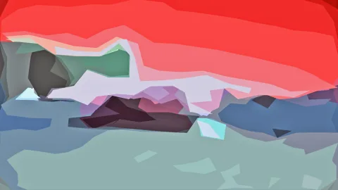 Abstrakte Komposition aus flachen, farbigen Polygonen: oben ein roter Bereich, in der Mitte helle lavendelfarbene Formen, darunter dunkle Bordeauxtöne sowie blaugraue und mintgrüne Flächen.