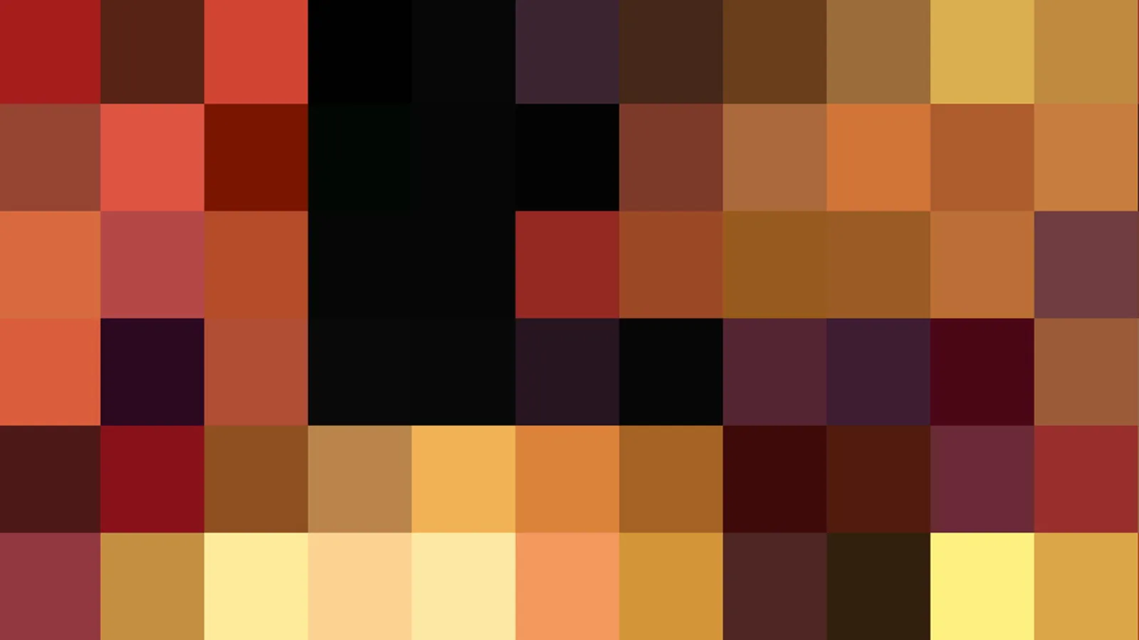 Abstraktes Mosaik aus quadratischen Farbfeldern in Rot, Orange, Gelb und Schwarz.