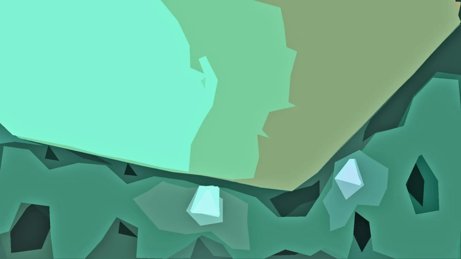 Abstrakte Low-Poly-Fläche in Mint, Salbei und Petrol mit hellen kristallartigen Formen am unteren Rand.