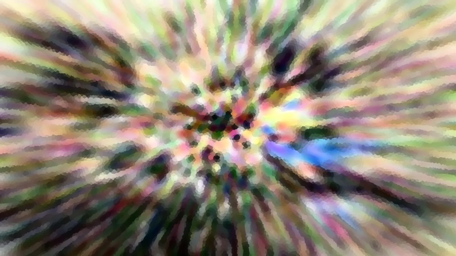 Abstraktes Bild mit radial von einem Zentrum ausstrahlenden, bunten Schlieren in Grün, Gelb, Rosa und Blau, im Zentrum kleine dunkle Punkte.