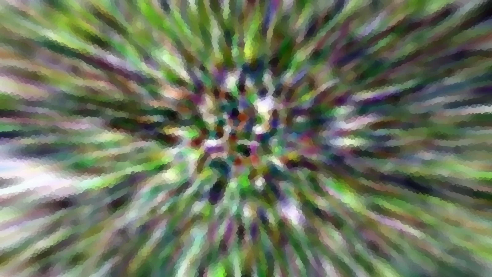 Abstrakte Komposition aus grünen, violetten und weißen Farbschlieren, die von einem zentralen Punkt radial nach außen strahlen, pixelig verfremdet.
