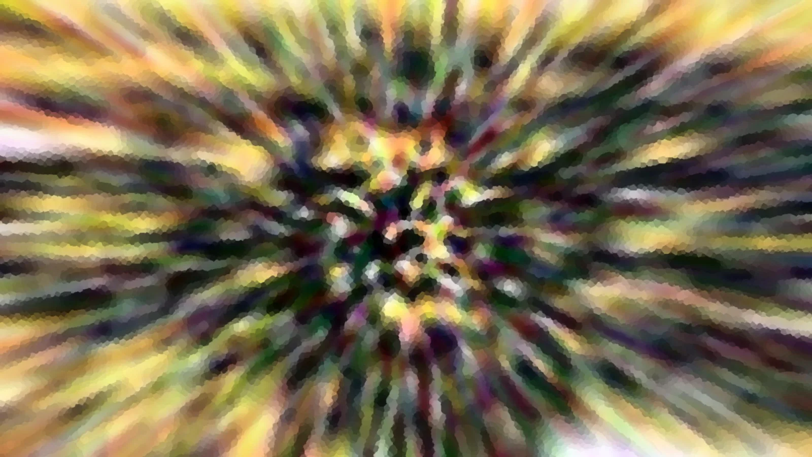 Abstrakte Komposition aus gelben, grünen und violetten Farbstrahlen, die von einem dunklen Zentrum nach außen laufen und mosaikartig gepixelt wirken.