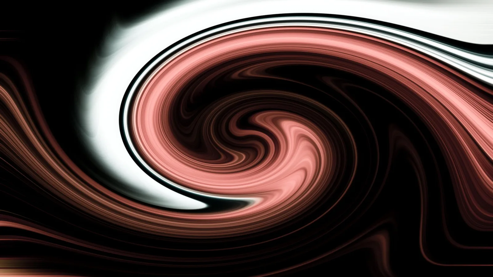 Abstrakter Strudel in Rosa und Weiß auf schwarzem Grund, spiralförmig nach innen gedreht