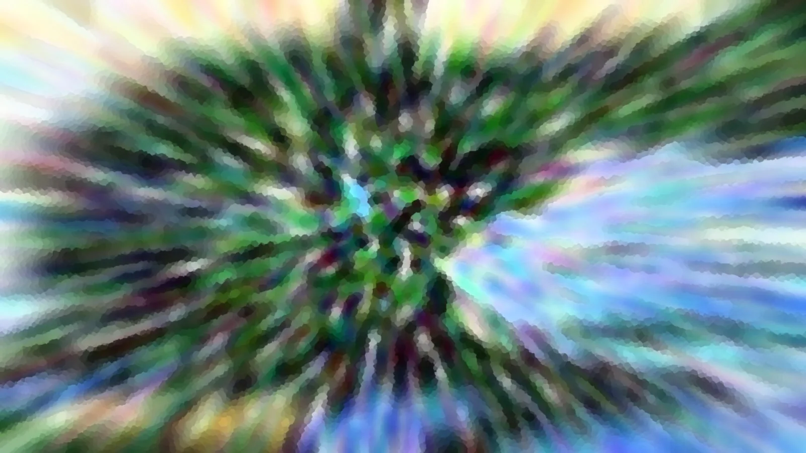 Abstraktes Bild mit radialen Streifen in Grün, Blau, Weiß und Rosa, die von einem dunkleren Zentrum nach außen laufen, mit grobem Pixelmosaik.