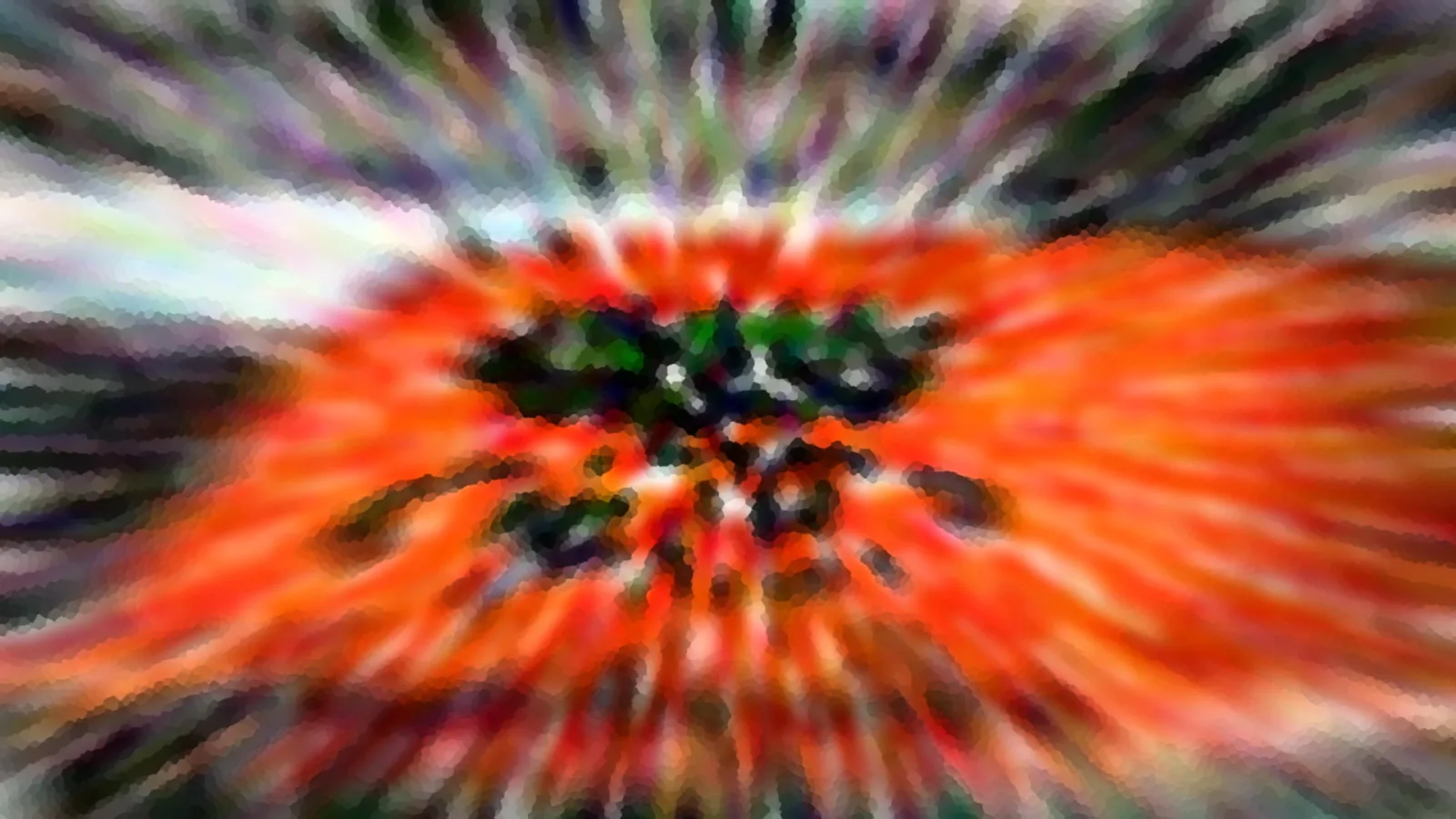 Abstrakte Komposition aus orangefarbenen und grünen Strahlen, die von einem dunklen Zentrum nach außen laufen.