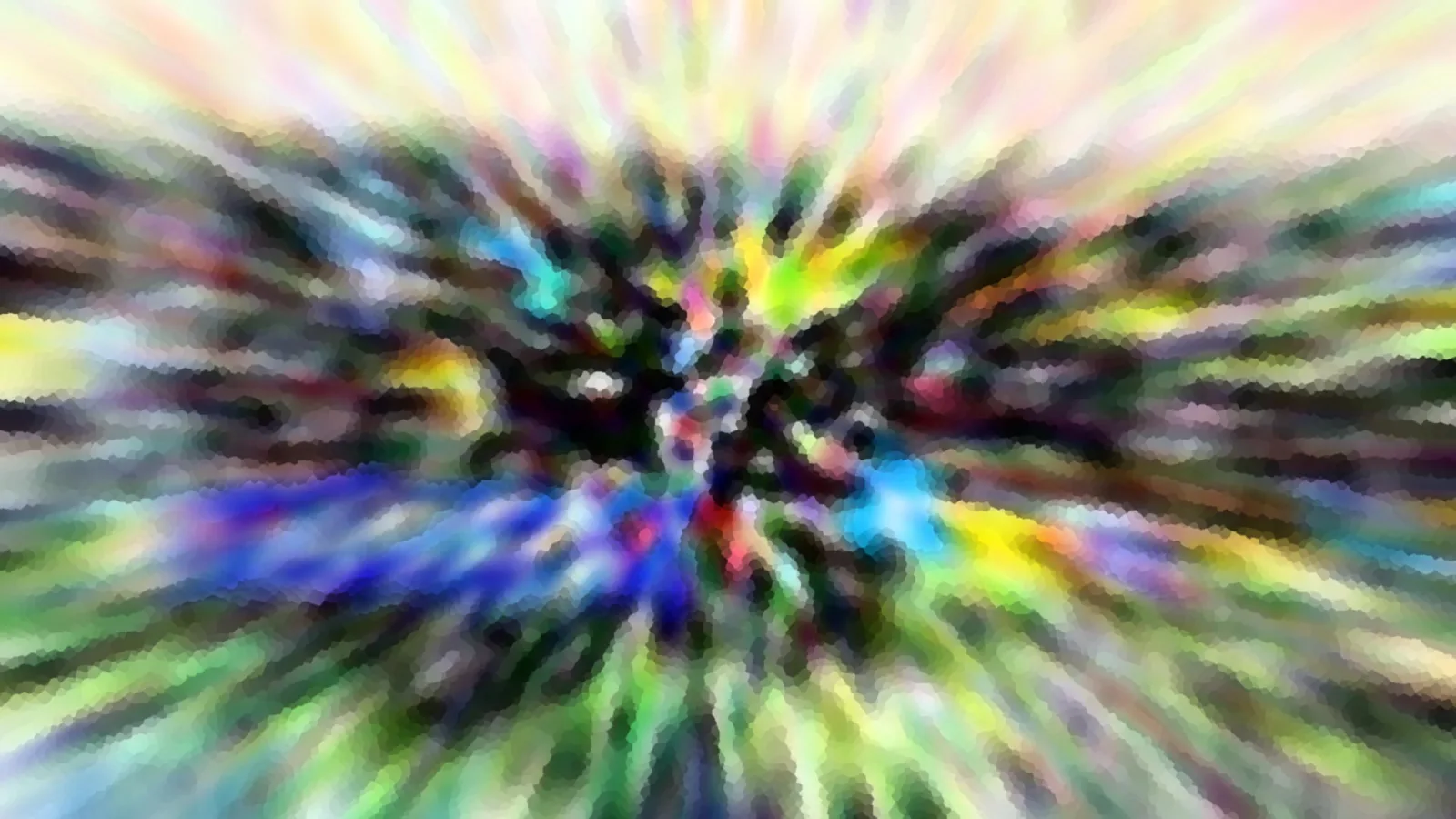 Abstrakte Komposition aus bunten Farbschlieren und Mosaiksteinchen, die radial von einem dunklen Zentrum nach außen strahlen.