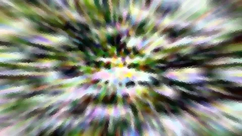 Abstrakte Komposition aus bunten Farbschlieren, die von einem hellen Zentrum radial nach außen laufen, in Grün, Gelb, Violett und Weiß.