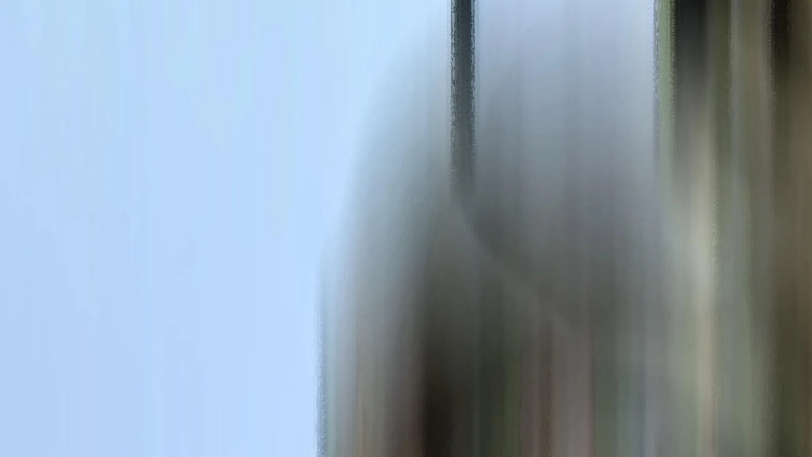 Stark verwischte, vertikale Streifen in Grau, Braun und Grün vor einem hellblauen Himmel auf der linken Seite.