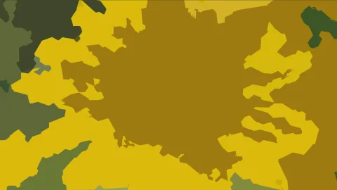 Abstrakte Komposition aus gelben, ockerfarbenen und olivgrünen Flächen mit unregelmäßigen, gezackten Rändern.