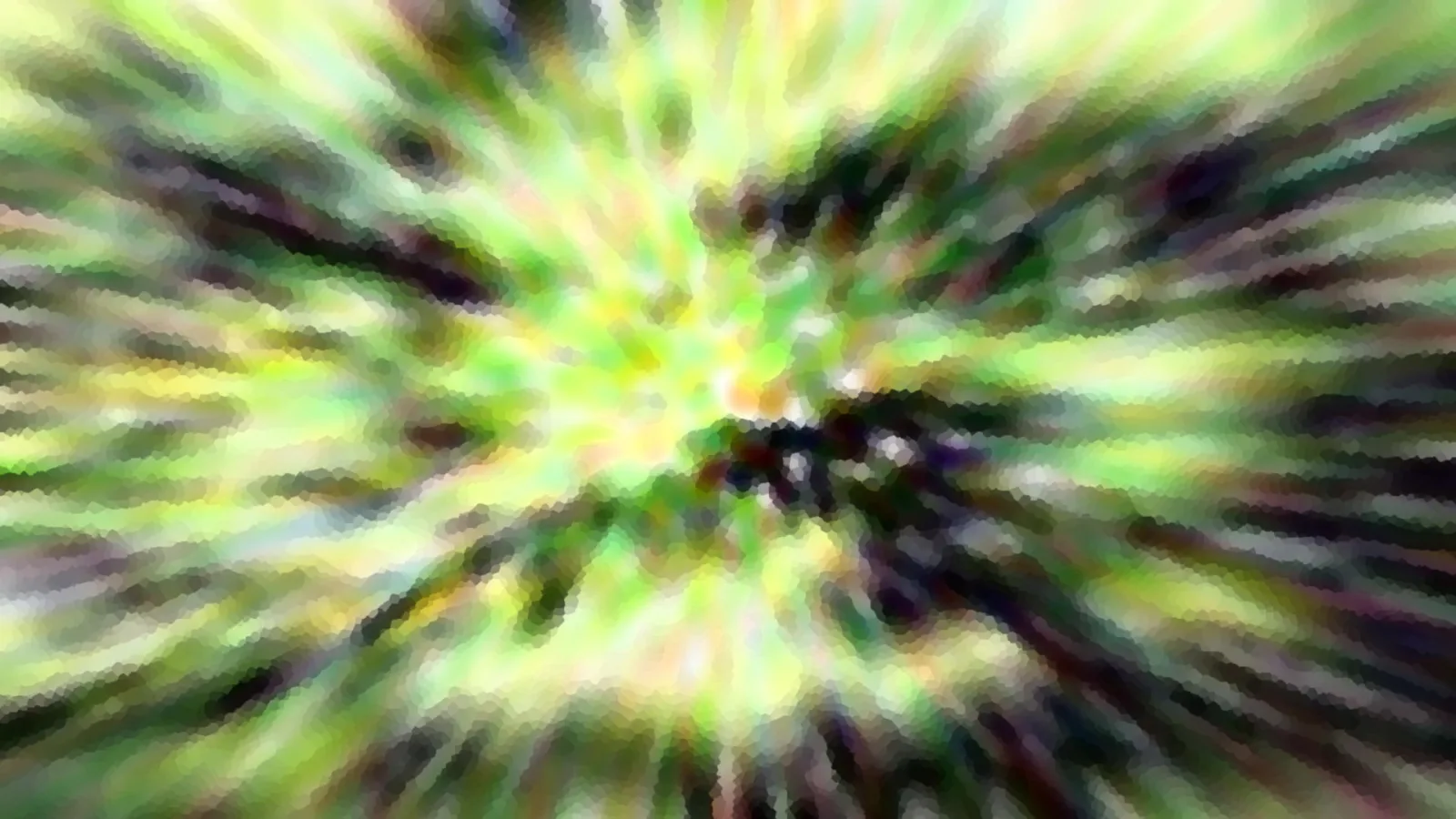Abstrakte Komposition aus grünen, gelben und dunklen Farbschlieren, die von einem Zentrum radial nach außen laufen, mit grobem, mosaikartigem Pixelmuster.