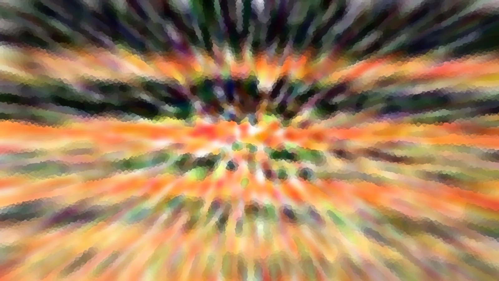 Abstrakte Komposition aus orangefarbenen, grünen und dunklen Streifen, die von der Bildmitte radial nach außen laufen, mosaikartig gepixelt.