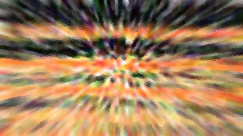 Abstrakte Komposition aus orangefarbenen, grünen und dunklen Streifen, die von der Bildmitte radial nach außen laufen, mosaikartig gepixelt.