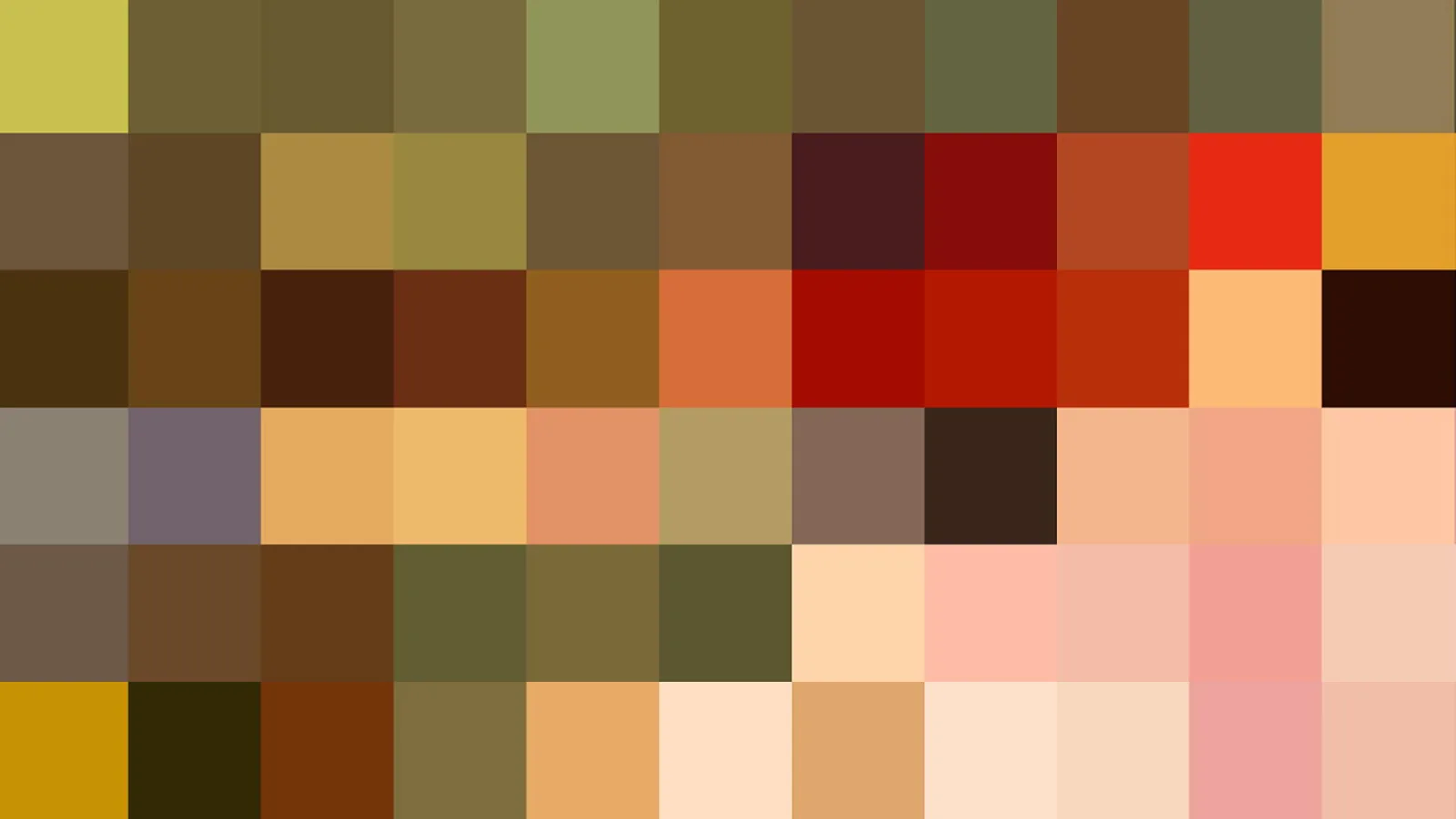 Quadratisches Raster aus Farbfeldern in Gelb, Ocker, Braun, Rot und Rosa.