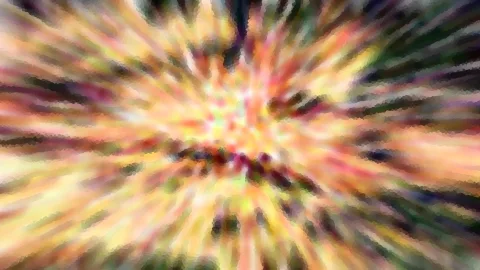 Abstraktes Bild mit radial von einem hellen Zentrum nach außen verlaufenden Streifen in Gelb, Orange, Rot, Grün und Violett, stark verwischt und pixelig.