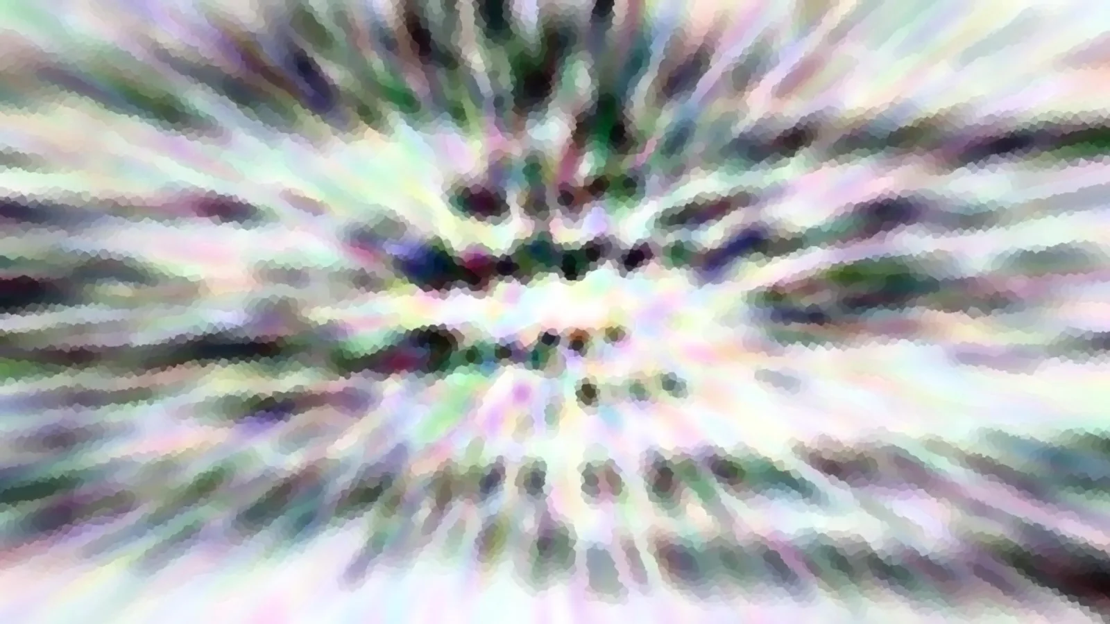 Abstrakte, radial verwischte Komposition in Pastellfarben mit dunklen Punkten und Streifen, die vom Zentrum nach außen laufen.