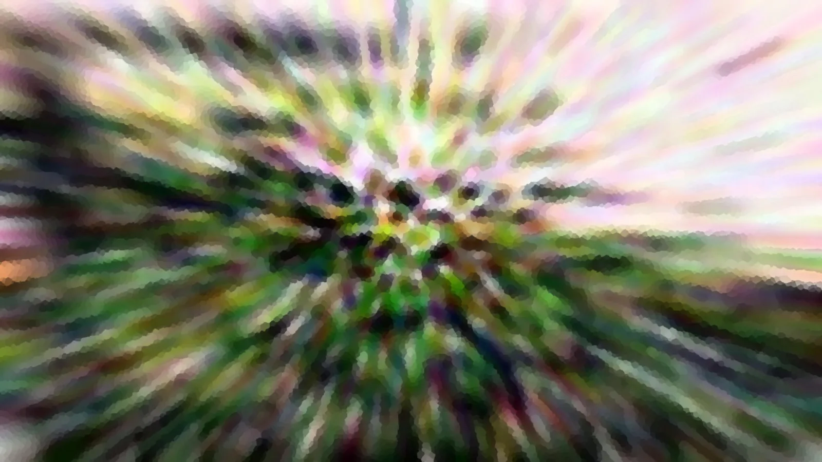 Abstrakte Komposition aus radial von der Bildmitte nach außen laufenden Farbstreifen in Grün, Rosa und Violett, mit mosaikartiger Körnung.