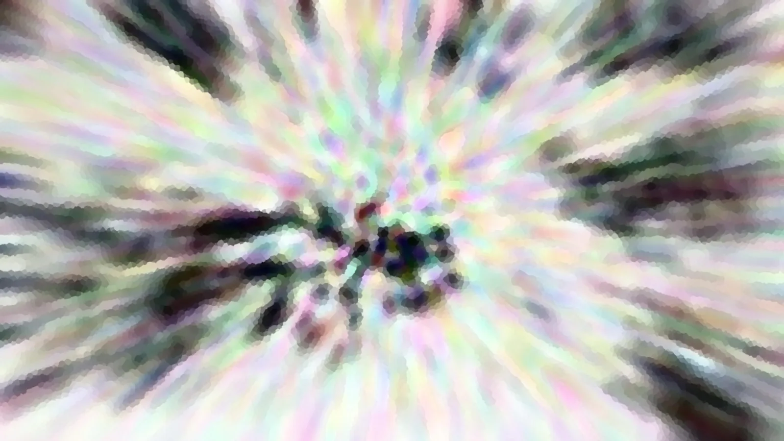 Abstraktes Bild mit radialer Bewegungsunschärfe in Pastellfarben, im Zentrum ein dunkler, unscharfer Knoten aus Formen.