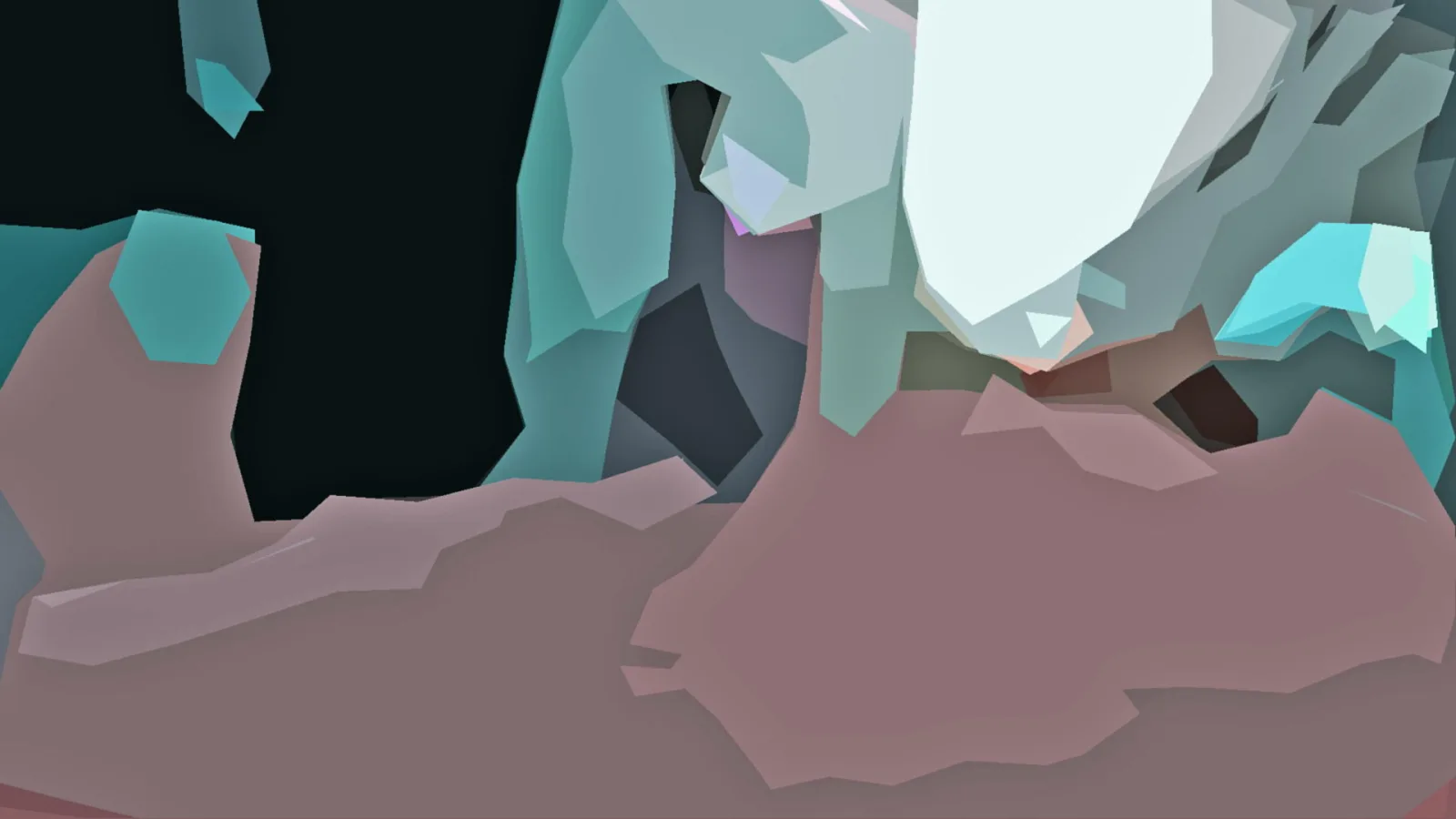 Abstrakte Low-Poly-Formen in Türkis, Rosa und Weiß vor dunklem Hintergrund