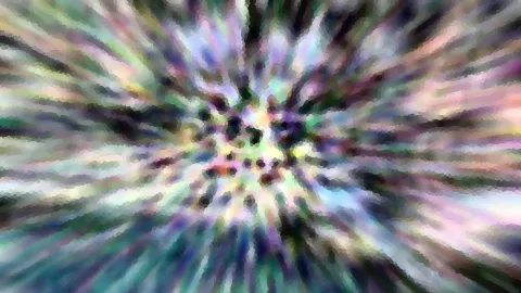Abstraktes Bild mit radial von der Mitte nach außen laufenden Streifen in Violett, Grün, Blau und Rosa, im Zentrum ein Muster aus dunklen Punkten vor hellem Hintergrund, die Kanten wirken pixelig.