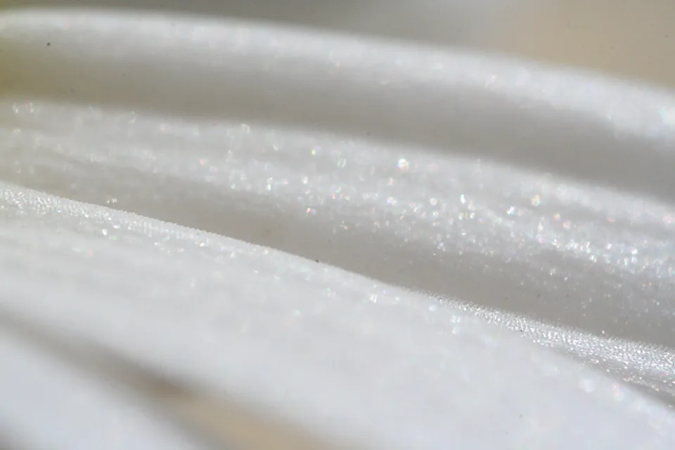 Nahaufnahme weißer Blütenblätter, diagonal im Bild, mit feinen glitzernden Lichtpunkten auf der Oberfläche