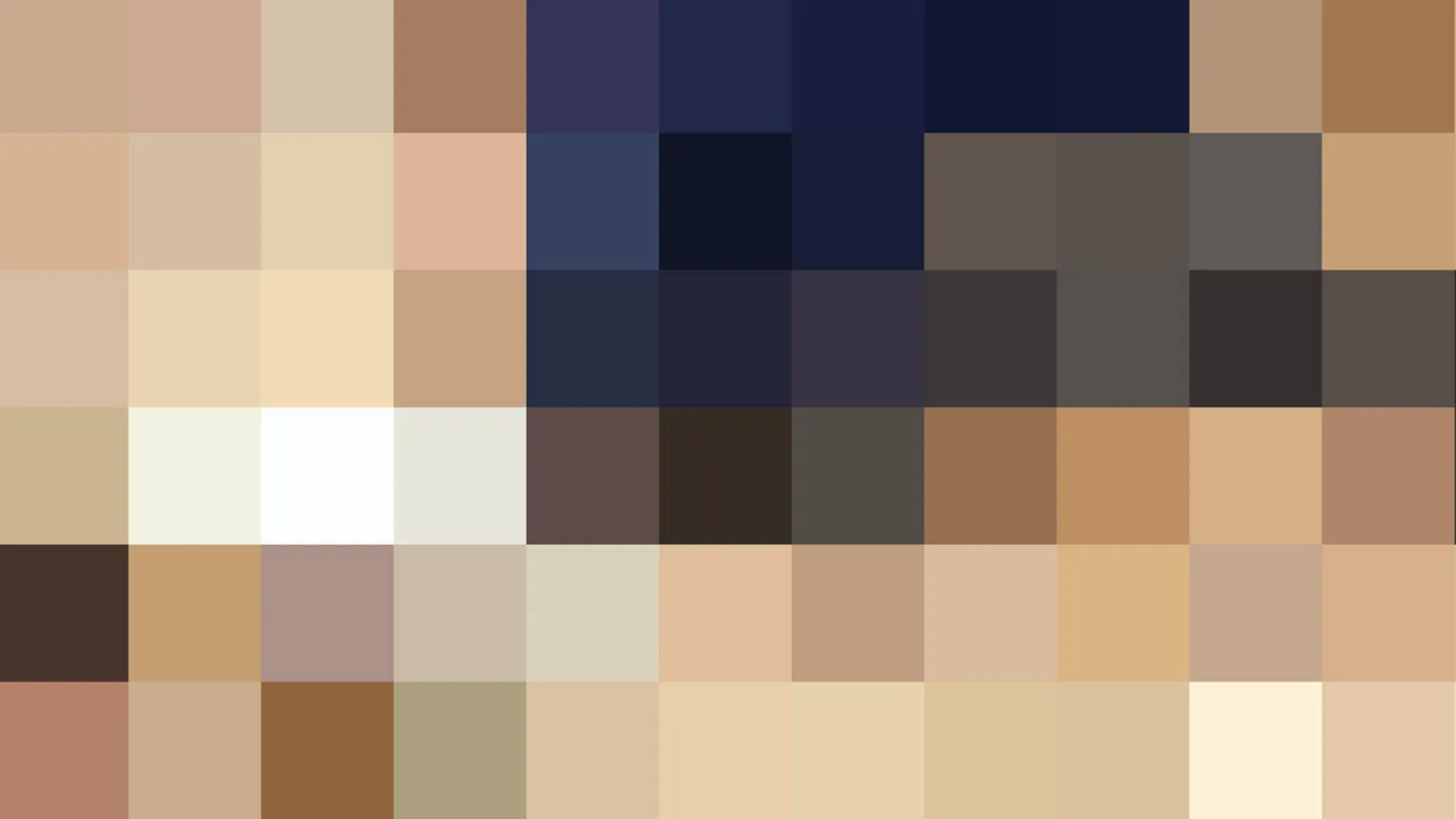Verpixeltes Mosaik aus Hauttönen, dunklen Blau- und Schwarztönen sowie hellen Beige- und Weißflächen.