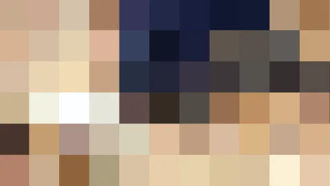 Verpixeltes Mosaik aus Hauttönen, dunklen Blau- und Schwarztönen sowie hellen Beige- und Weißflächen.