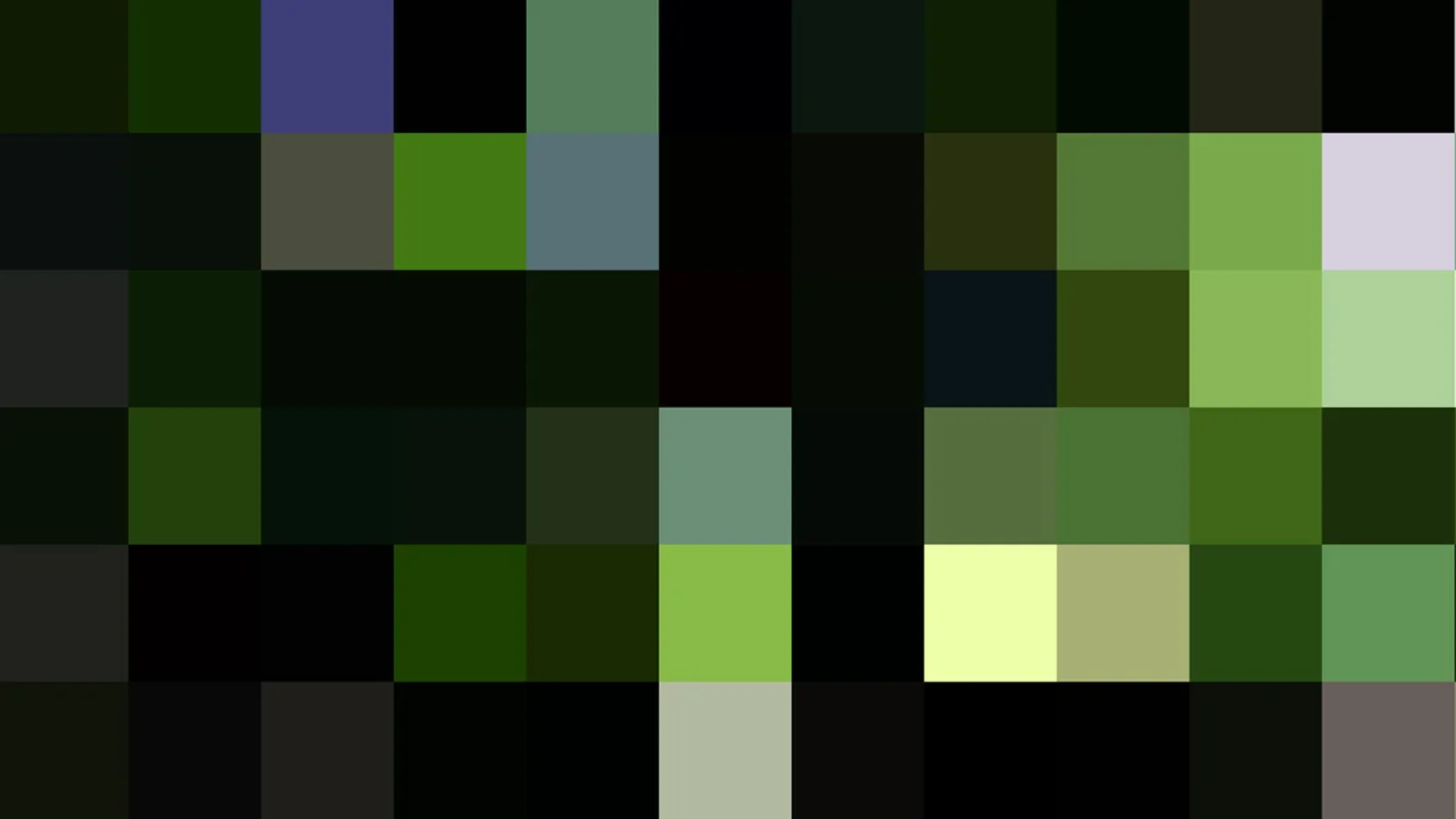 Raster aus farbigen Quadraten in Grün, Schwarz und Hellgrün, oben links ein blaues Feld und oben rechts ein helles Lila.