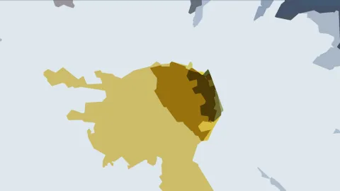 Abstrakte Komposition aus gelben, ockerfarbenen und olivgrünen Flächen auf hellgraublauem Hintergrund, rechts von der Mitte dunkler überlagert.