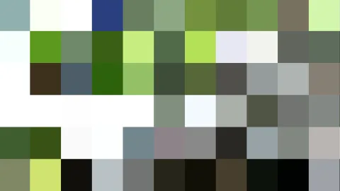 Abstraktes Mosaik aus quadratischen Farbfeldern in Grün, Grau, Weiß und Schwarz, mit einzelnen blauen und hellgelben Akzenten.