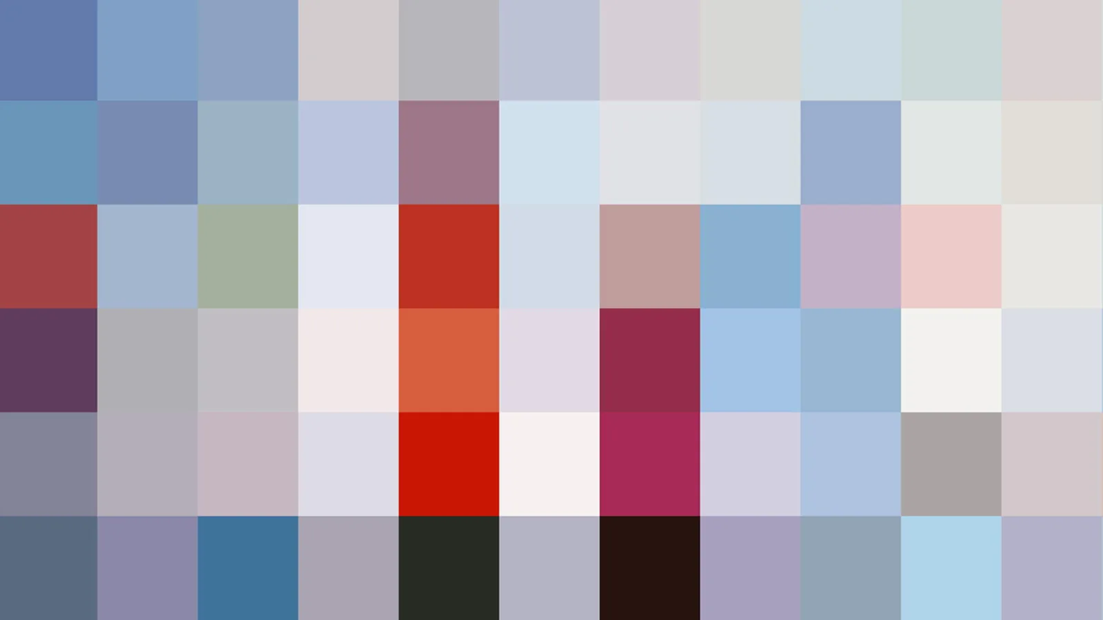 Mosaik aus quadratischen Farbfeldern in Blau, Grau, Rosa, Rot und Dunkelviolett, ohne erkennbare Figuren.