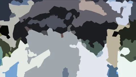 Abstraktes Bild aus unregelmäßigen, flächigen Formen in Schwarz, Grau, Weiß und Blau, dazwischen ein kleiner brauner Fleck.