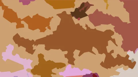 Abstrakte Komposition aus unregelmäßigen, zackigen Flächen in Braun, Ocker, Orange, Rosa und Mauve auf sandfarbenem Grund.