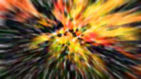 Abstrakte Komposition aus orangen, gelben und roten Streifen, die von einem hellen Zentrum radial nach außen laufen, dazwischen dunkle Grün- und Violetttöne.