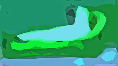 Abstrakte Komposition aus kantigen, grünen Flächen mit einer hellen türkisfarbenen, länglichen Form in der Mitte und blauen Flächen am unteren Rand.