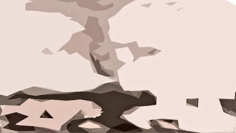 Abstrakte Komposition aus scharfkantigen Flächen in Beige, Rosa und Dunkelbraun, die sich von oben nach unten zu einer dunklen Zone am unteren Bildrand verdichten.