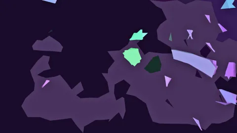 Abstrakte Komposition aus violetten, lavendelfarbenen und grünen Polygonen auf dunkel violettem Hintergrund.