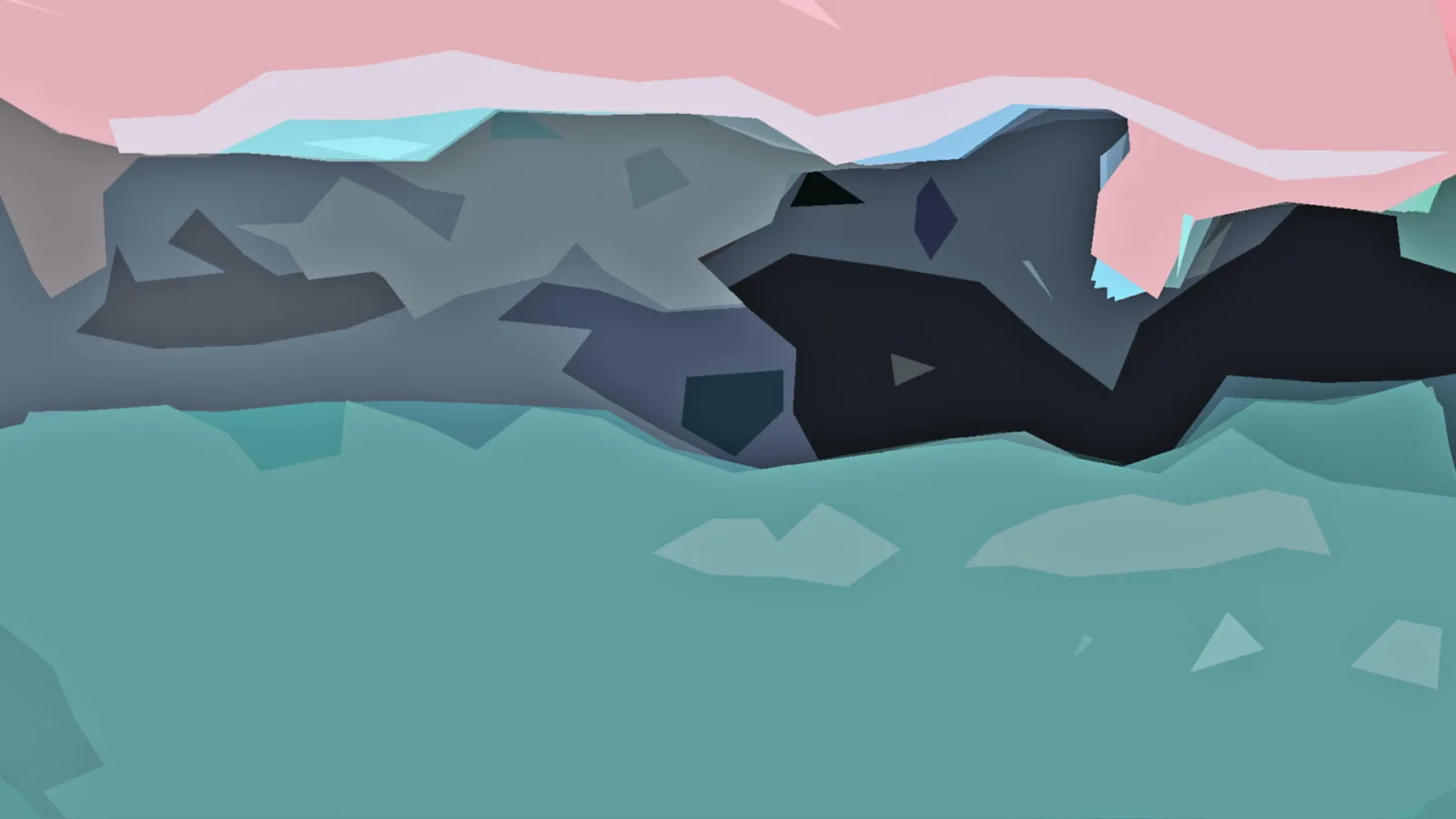 Abstrakte Low-Poly-Komposition mit rosa Himmel oben, dunkelgrauen und schwarzen Felsformen in der Mitte und einer großen türkisfarbenen Fläche unten.