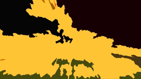 Abstrakte Komposition aus gelben, schwarzen, bordeauxroten und olivgrünen Flächen mit zackigen Rändern.