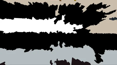Abstrakte Komposition aus schwarzen, zackig begrenzten Flächen mit einem horizontalen weißen Band, darüber beige, darunter graublaue Flächen.
