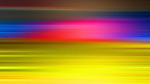 Abstrakte Komposition aus horizontalen, verwischten Farbstreifen: oben braun und dunkelblau, in der Mitte pink, rot und blau, unten gelb und leuchtend gelbgrün.